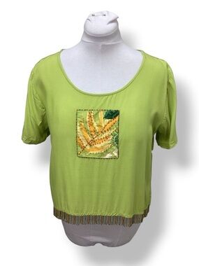 Mango Bay Women’s Beaded Crop Top with Patch, Lime Green, size XL
